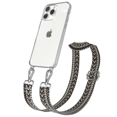 Abbildung von EAZY CASE Handykette mit verstellbarem Trageriemen für iPhone 15 Pro Max Taschengurt zum Wechseln transparenter Handyhülle Hülle dünner Schulterriemen in Grau Schwarz Silber