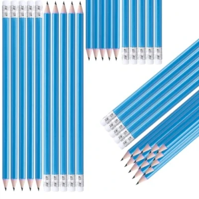 Abbildung von NIPORO Bleistifte HB 100 Stück weiß Holzbleistifte mit Radiergummi, pencil, vorgespitzt, 19 cm Länge, Sparpack, Nachhaltig, (Blau)