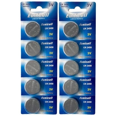 Abbildung von 10 x CR2450 3V Lithium Knopfzelle 540 mAh (2 Blistercards a 5 Batterien) EINWEG Markenware Eunicell