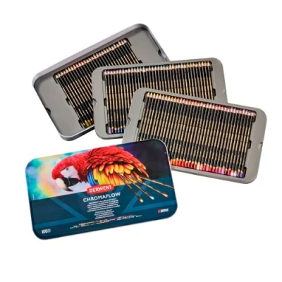 Abbildung von Derwent Chromaflow Buntstifte, 100 Stück in Dose, 3,5 mm runder Kern, Premium Kernstärke, mischbar mit glatter Textur, ideal zum Zeichnen, Färben &amp; Schichten, professionelle Qualität, 2306062