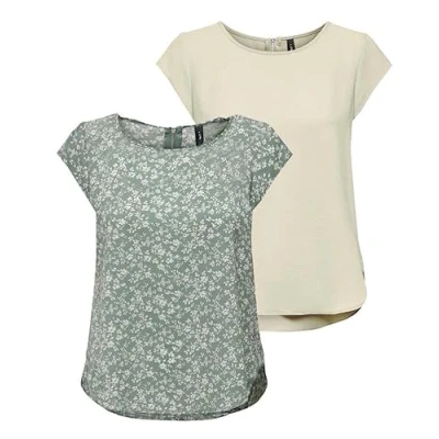 Abbildung von ONLY Damen ONLVIC S/S Solid 2 Pack Top, Kurzarm, Moonbeam/Lily PAD/Emma Mono FL, 40