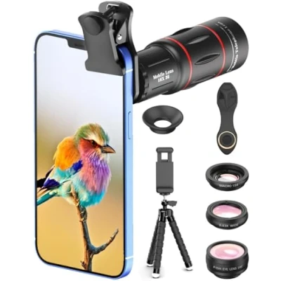 Abbildung von APEXEL Camera Lens Kit 18x Monocular Telescope, 0,63x Weitwinkel, 15x Makroobjektiv, 198 Fisheye Objektiv, Flexibles Kamerastativ für iPhone, Samsung und die meisten Smartphones Black