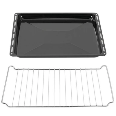 Abbildung von ICQN Backblech 422 x 375 25 mm, Emaille, (Set mit Backofenrost, 2 St., 422x25 Gitter), Fettpfanne und Verchromt Backofenrost für Backofen &amp; Herd
