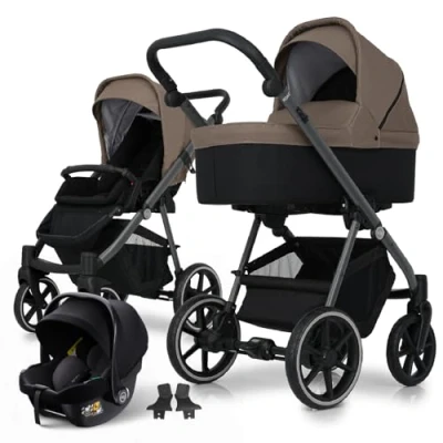Abbildung von my junior® NOAX² 3 in 1 Kinderwagen inkl. Babyschale, Liegewanne, Sportsitz, Adapter, geräumiger Einkaufskorb Concrete Toffee