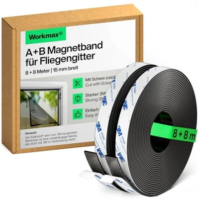 Abbildung von WORKMAX® A+B Magnetband für Fliegengitter &amp; Moskitonetze (8+8 Meter) Magnetstreifen stark selbstklebend mit gegenseitiger Anziehung