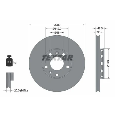 Abbildung von TEXTAR 92152203 Bremsscheibe 280 22 05/07 112 außenbelüftet beschichtet ohne Radbefestigungsbolzen, Radnabe AUDI: A8 D3, VOLKSWAGEN: Phaeton