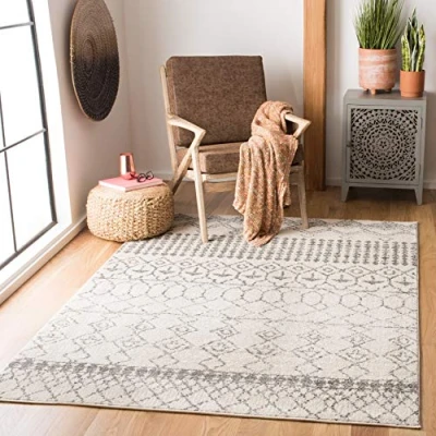 Abbildung von SAFAVIEH Boho Teppich für Wohnzimmer, Esszimmer, Schlafzimmer Tulum Collection, Kurzer Flor, Elfenbein und Grau, 91 X 152 cm