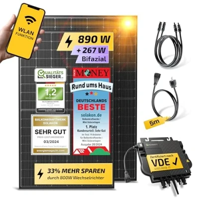 Abbildung von Solakon® 880W Balkonkraftwerk 800W komplett Steckdose neuester 800 Watt Wechselrichter Solaranlage Komplettset 440W bifaziale Solarmodule inkl. Zubehör 5m Kabel
