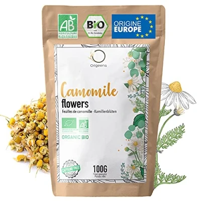 Abbildung von ORIGEENS Bio KAMILLENBLÜTEN Tee Herkunft Europa, 100g Lose Teeblätter, Schlaf und Verdauungstee Deutsche Kamille Echte In Deutschland zertifiziert verpackt