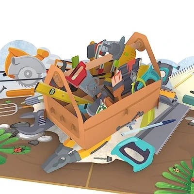 Abbildung von MOKIO® Pop Up Karte Werkzeugkasten für Heimwerker/Handwerker 3D Gutscheinkarte als Baumarkt oder Werkzeug Gutschein, zum Geburtstag Verpackung ein Geldgeschenk