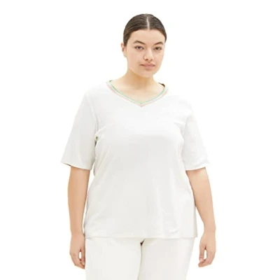Abbildung von TOM TAILOR Damen 1035936 Plussize Basic T Shirt mit V Ausschnitt, 10315 Whisper White, 52 Große Größen