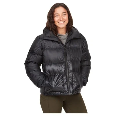 Abbildung von Marmot Women&#039;s Guides down Hoody, Lightweight jacket, warm winter puffy, water repellent quilted coat, windproof functional packable outdoor jacket with hood, Black, S