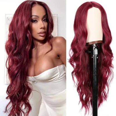 Abbildung von PORSMEER Perücke weinrot Lang locken Gewellt Natürliche Synthetische Haar Wig Perücken für Frauen/Mädchen alltagstauglich Cosplay Kostüm Fasching Party,Dunkel Rot
