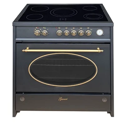 Abbildung von GURARI Elektro Standherd 90 cm GCH E 912 BL Retro Glaskeramik Herd Schwarz Range Coocker 121 L Heißluft Grill 5 Kochzonen Freistehender