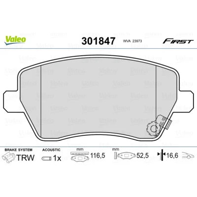 Abbildung von VALEO 301847 Bremsbelagsatz FIRST Vorderachse inkl. Verschleißwarnkontakt ohne Anti Quietsch Blech SUZUKI: SWIFT 3, Splash, OPEL: Agila B