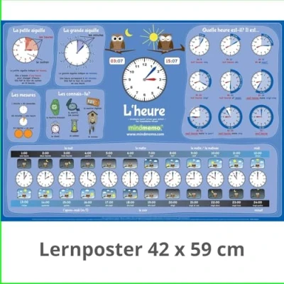 Abbildung von mindmemo Lernposter l&#039;heure Uhrzeit lernen Französisch für Kinder Uhr apprendre Lernhilfe Zusammenfassung Poster DIN A2 42x59 cm ... PremiumEdition in Transportrolle