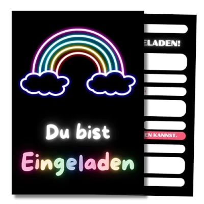 Abbildung von HIDEBLOOM I Neon Regenbogen Einladungskarten Kindergeburtstag Mädchen Jungen 12 Stück DIN A6 (10,5 cm x 14,8 cm) Rainbow Einladung Geburtstag Kinderparty Geburtstagseinladungen Kinder