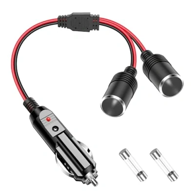 Abbildung von Range Tour Auto Zigarettenanzünder Splitter Adapter, 1 auf 2 Stecker 12V/24V Adapter 14AWG Steckdose Verlängerungskabel mit 15A Sicherung für Autos LKWs Booten