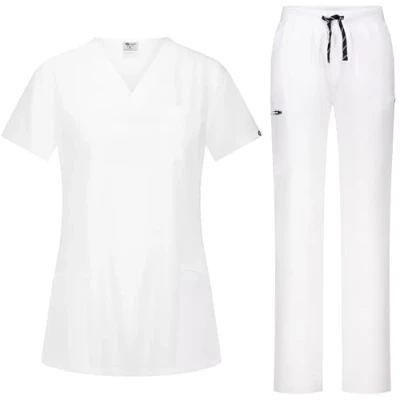 Abbildung von B well BELLA Damen Schrubb Set Schlupfkasack + Schlupfhose Medizin Arzt Uniform Schlupfjacke Oberteil mit Hose Medizinische Berufsbekleidung Elastan (Weiss, XL)