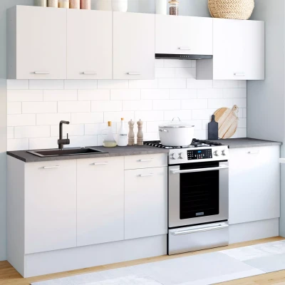 Abbildung von IDMarket Komplette Küche, 240 cm, Subtil, mit 7 teiliger Arbeitsplatte, weiß und Platten in Betonoptik