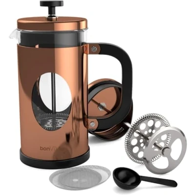 Abbildung von bonVIVO French Press Kaffeebereiter Kupfer 3 Tassen Coffee Maker in Optik Kaffekanne aus Glas m. Edelstahl Filter u. Rahmen Kaffee Presse Kaffeezubereiter Für