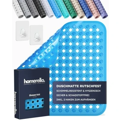 Abbildung von Homerella Duschmatte rutschfest 100% BPA frei Inkl. 2 Haken zum Aufhängen 53x53cm, Antirutschmatte Dusche hautsensitiv &amp; schimmelresistent, Duscheinlage maschinenwaschbar