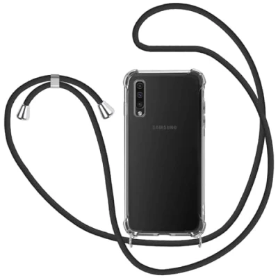 Abbildung von MICASE Handykette Hülle für Samsung Galaxy A50, Necklace mit Kordel Transparent Silikon Handyhülle zum Umhängen Schutzhülle Band in Schwarz