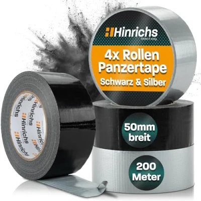 Abbildung von Hinrichs Klebeband 4 Rollen Panzerband schwarz und silber 50m 50 m x mm plus Cuttermesser