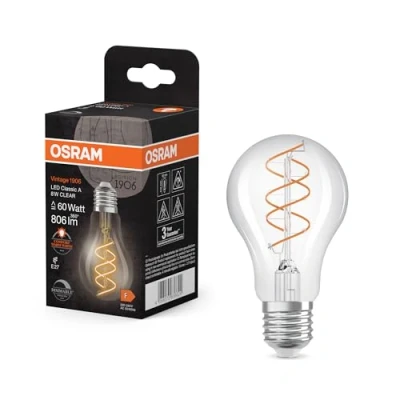 Abbildung von OSRAM Vintage 1906 Classic ist eine warmweiße, dimmbare LED Lampe in Kolbenform mit spiralförmigem Filament. Sie bietet 8 W für 806 lm, E27 Fassung, klarfarbenes Glas, 60 mm Durchmesser, 2200 K.