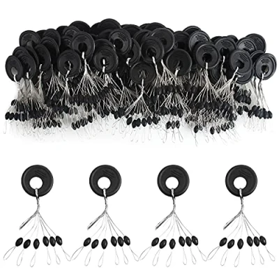 Abbildung von VIPMOON 100 Stück Gummi Angeln Bobber Stopper, 6 in 1 Gummistopper Schnurstopper Gummiperlen Posen Angeln, Schwarze Stopper Angelschnur (große)