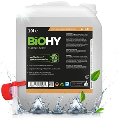 Abbildung von BiOHY Flüssig Seife (10 Liter Kanister) + Auslaufhahn Hautschonende, rückfettende &amp; flüssige Handseife PHOSPHATFREI geruchsneutrale Hygiene auch für das Gesicht geeignet