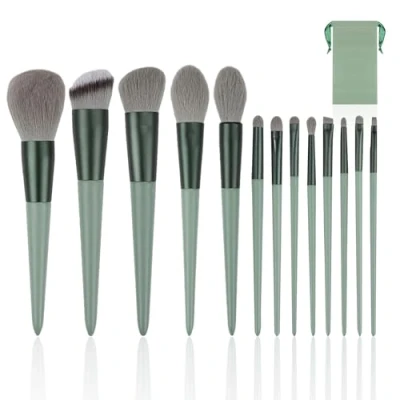Abbildung von 13 Make Up Pinsel, 1 Samtbeutel, Professionelles Pinsel Set, Hochwertige Synthetische Borsten, Beauty Tools Mit Weichen Borsten Für Und Schönheit (Grün)