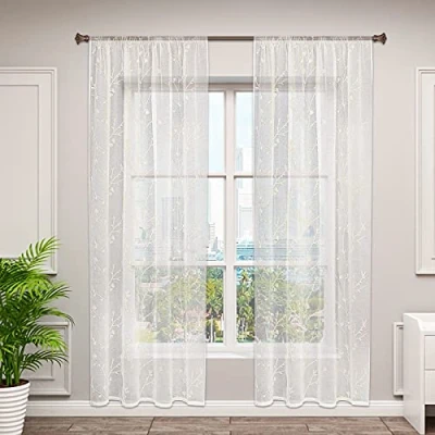 Abbildung von WOLTU VH6057be 2, 2er Set Gardinen transparent Blumen Stickerei mit Kräuselband Leinen Optik, Doppelpack Vorhang Stores Voile Fensterschal Dekoschal für Wohnzimmer Schlafzimmer, 140x245 cm, Beige