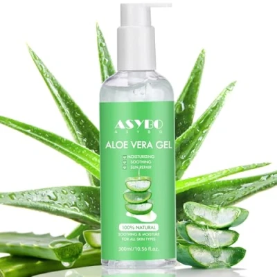 Abbildung von ASYBO 300 ml Aloe Vera Gel, 100% natürliche, reine Feuchtigkeitscreme für das Gesicht, After Sun Pflege, reduziert Akne, repariert Narben