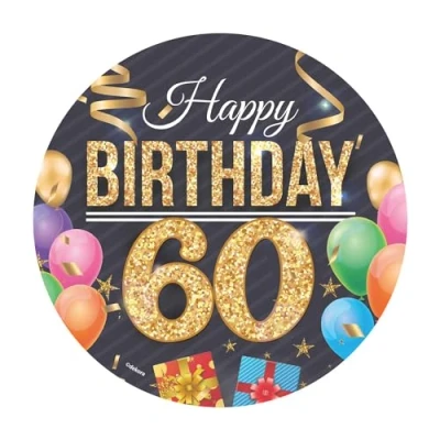 Abbildung von Dekora, Happy Birthday 60 Essbare Oblate, Geburtstagskuchendeko für Kinder, Runder Cake Topper 20 CM