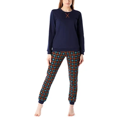 Abbildung von Merry Style Damen Lang Zweiteiliger Schlafanzug aus Baumwolle Pyjama Set Winter MS10 168 (Marineblau (Orange Kariert), XL)
