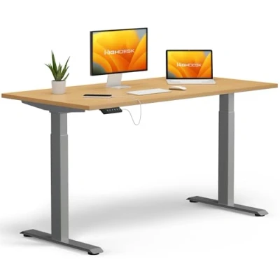 Abbildung von KRIEG HighDesk Basic Höhenverstellbarer Schreibtisch 200 x 80 cm I Silber + Buche Elektrischer Sitz &amp; Stehtisch mit Tischplatte Stehschreibtisch Elektrisch Höhenverstellbar