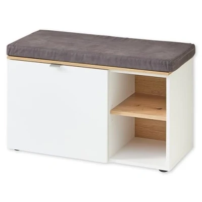 Abbildung von BARI Schuhbank in Weiß, Artisan Eiche Optik FSC zertifiziert Moderne Sitzbank mit Stauraum für Ihren Flur 78 x 50 38 cm (B/H/T)