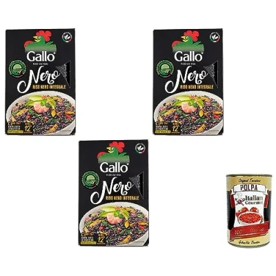 Abbildung von 12x Gallo Riso Nero Integrale, Schwarzer Reis, gewachsen in Italien, Vollkorn, 500 g, reich an Ballaststoffen und Antioxidantien, vakuumverpackt + Italian Gourmet polpa 400g