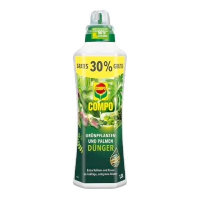Abbildung von COMPO Grünpflanzendünger und Palmendünger für alle Zimmer , Balkon Terrassenpflanzen, Spezial Flüssig Dünger mit extra Kalium Eisen, 1,3 Liter