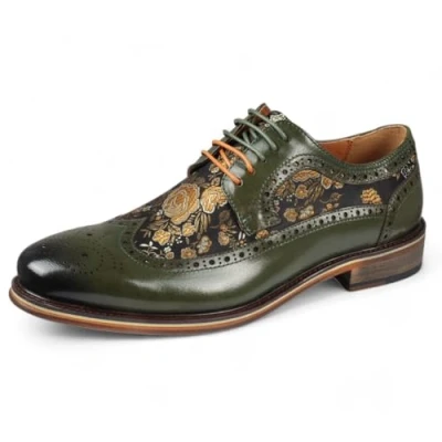 Abbildung von Infinity Leather Herren Brogue Schuhe aus grünem Leder mit Blumenmuster Ross