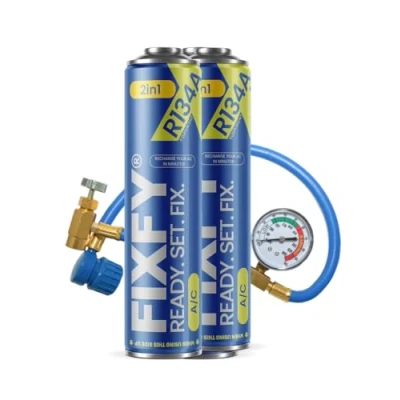 Abbildung von FIXFY 2w1 Klimaanlagen Nachfüllset mit Manometer Schlauch, Gasersatz R134a/R12 inkl. Öl 2 x Dose 500 ml Selbstbefüllungskit für Fahrzeuge 19952016