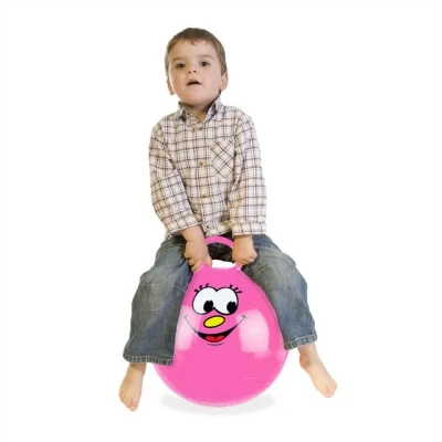 Abbildung von Relaxdays Hüpfball für Kinder, mit Gesicht, Hopseball Griff, Ø 45 cm, drinnen &amp; draußen, Sprungball bis 150 kg, pink