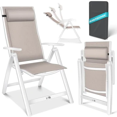 Abbildung von KESSER® Gartenstuhl Hochlehner mit Armlehnen Aluminium Klappstuhl Kopfkissen &amp; Cover Campingstuhl 7 Fach Verstellbar Rückenlehne Atmungsaktiv Wetterfest Klappbar Anti Rutsch Taupe