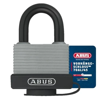 Abbildung von ABUS Vorhängeschloss 70AL/45 aus massivem Aluminium wetterfest mit Schutzkappe und Kunststoffummantelung Sicherheitslevel 5 Silber