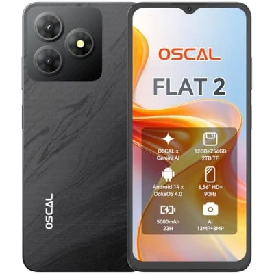 Abbildung von OSCAL Flat 2 Android 14 Smartphone ohne Vertrag 256GB+12GB/2TB TF, Octa Core Handy 90Hz 6.56&quot; HD+, Handys 5000mAh/OTG, 13MP+8MP, Face ID/Fingerprint, GPS/BT5.0/5G WiFi, Schwarz