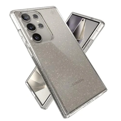 Abbildung von Speck Presidio Perfect Clear Samsung Galaxy S24 Ultra Hülle Fall &amp; Kameraschutz, klare Handyhülle, kabelloses Laden kompatibel, stoßdämpfend, Gold Glitzer