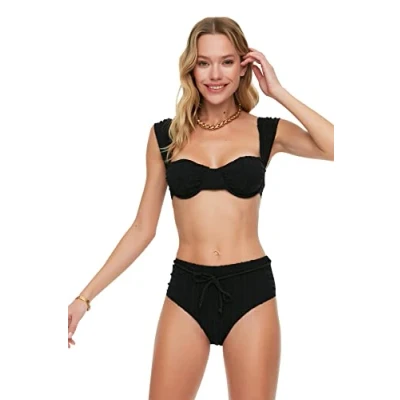 Abbildung von Trendyol Damen Textured Curved High Waist Bikini Bottoms, Schwarz, 42 EU