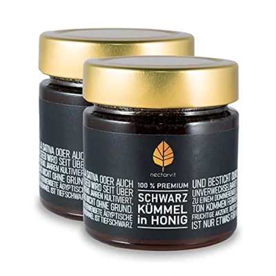 Abbildung von nectarvit Schwarzkümmel in Honig (Nigella Sativa/Black Cumin), mit ganzen Samen (2 Gläser, 540 g)