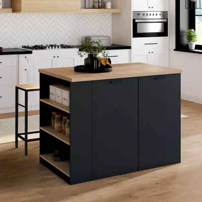 Abbildung von IDMarket Zentralinsel TIBO 120 cm Holz schwarz mit Arbeitsplatte in Buche Optik
